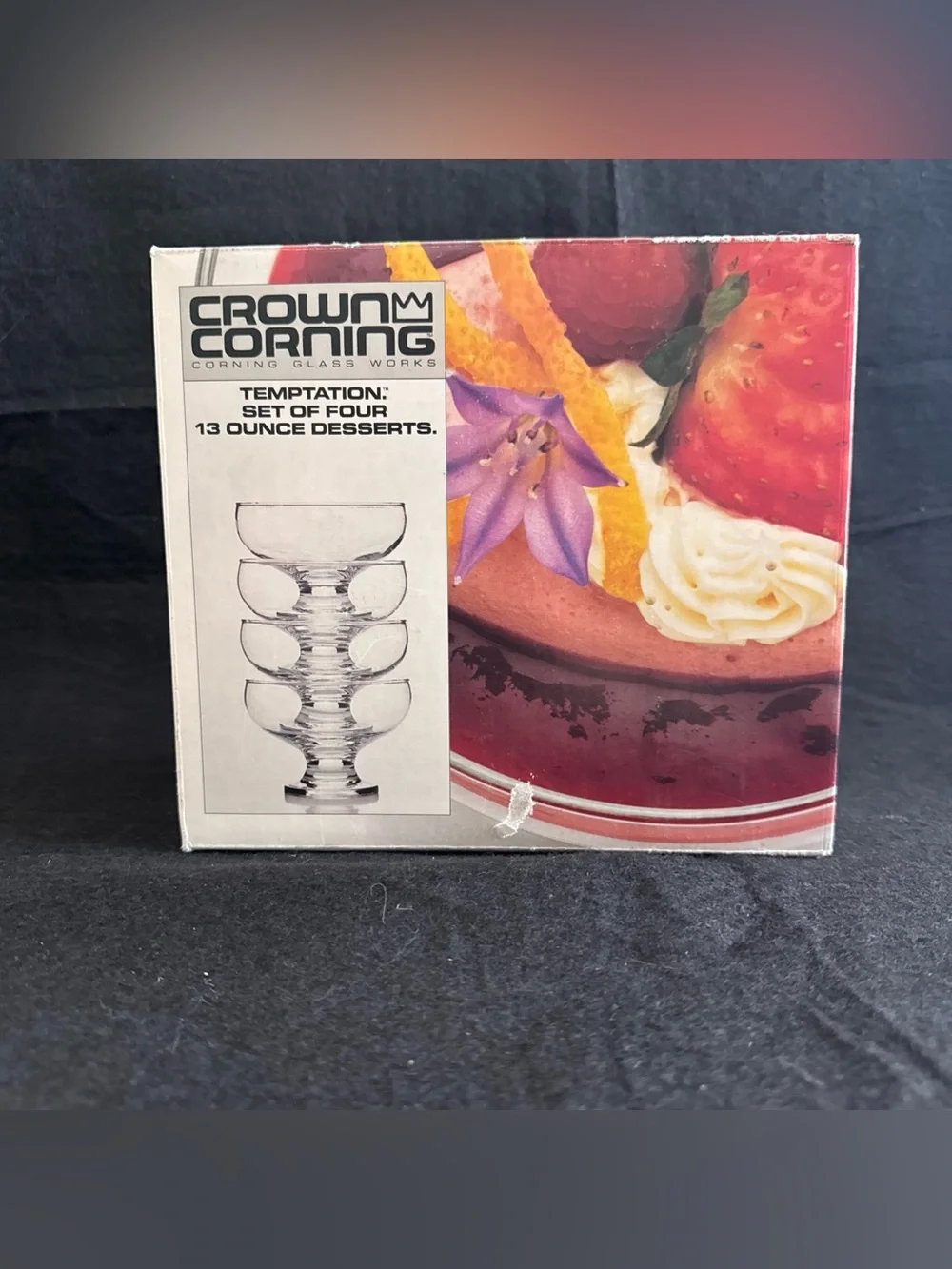 Vintage 80s Crown Corning Temptation Set Of 4 13Oz Dessert Glasses Cups Lot New